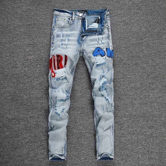 AMIRI Light Blue Skinny Jeans with Red and Blue Details - Picture 1 of 9